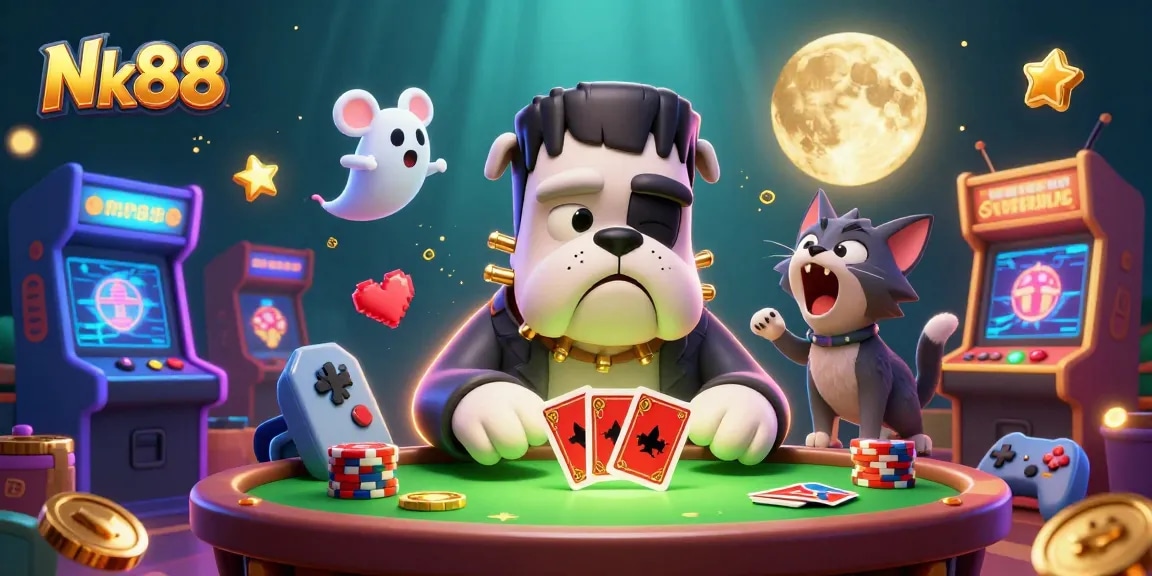 Experience Nk88's thrilling casino adventure with a Frankenstein bulldog dealing cards and a werewolf kitten howling.