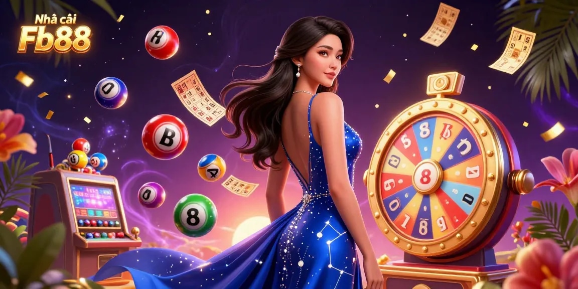 Engage with Nhà cái Fb88 in this vibrant 3D casino illustration featuring dynamic lottery balls and winnings.