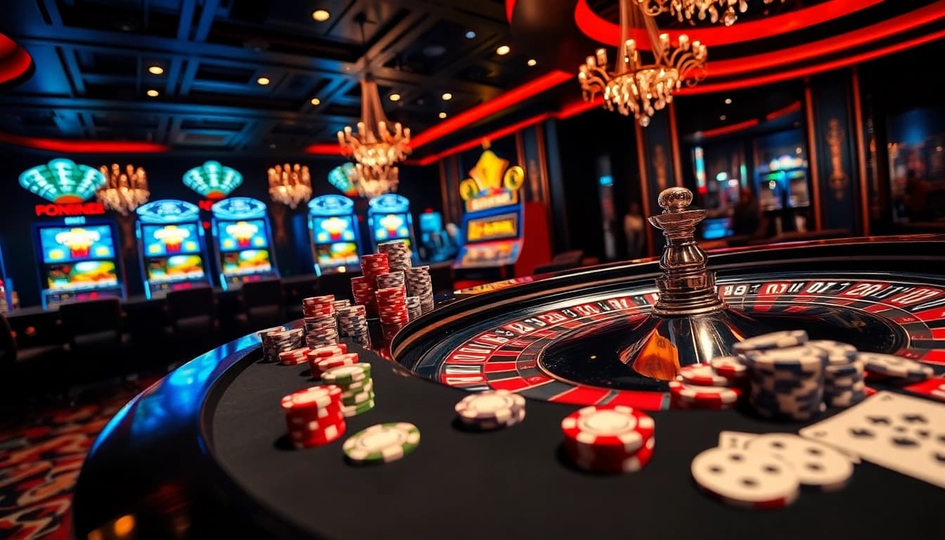 Experience the thrill of LUCK 8 with poker chips and cards in a vibrant casino setting.