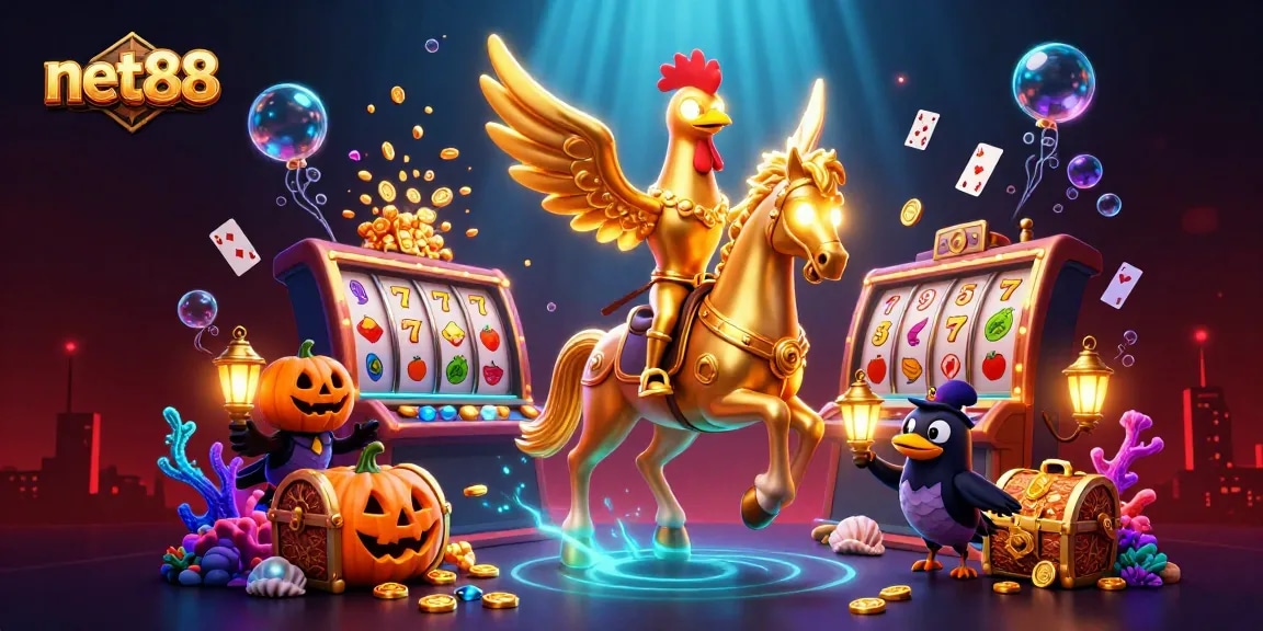 Experience the magic of net88 with a golden rooster championing the midnight casino scene.