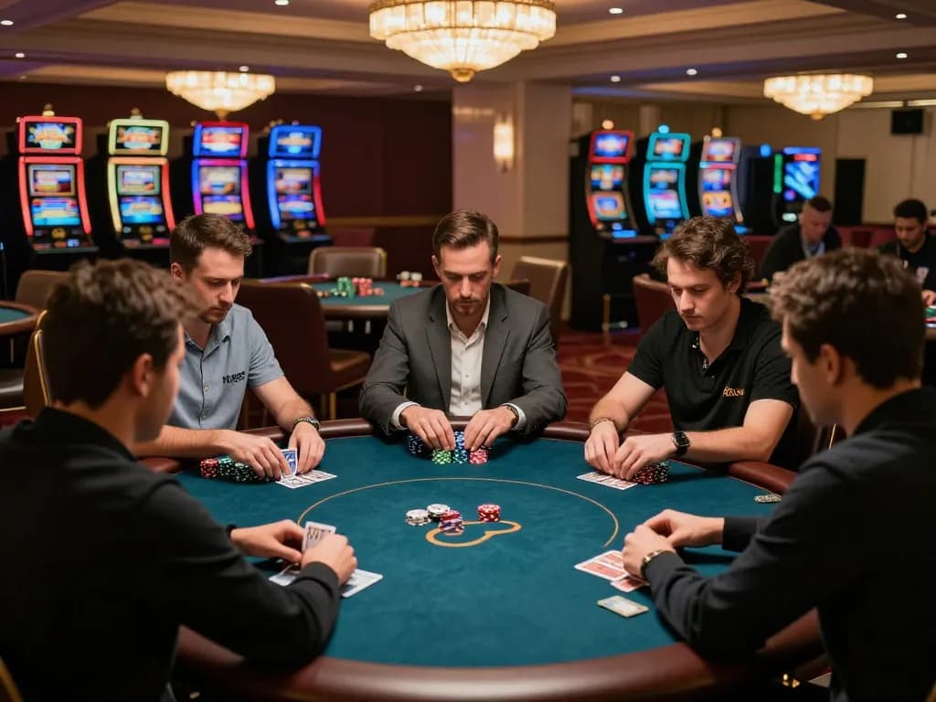 Competitive poker players engaged in a thrilling game at LODE88 casino