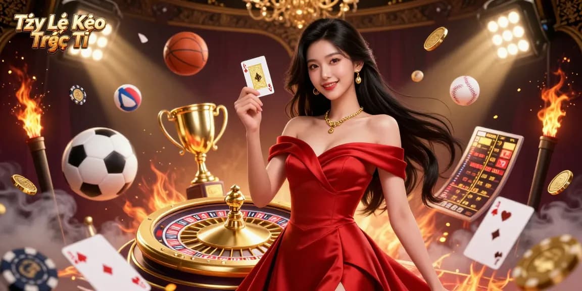 Tỷ Lệ Kèo Trực Tiếp showcases a vibrant sports betting scene with a confident woman holding a playing card.