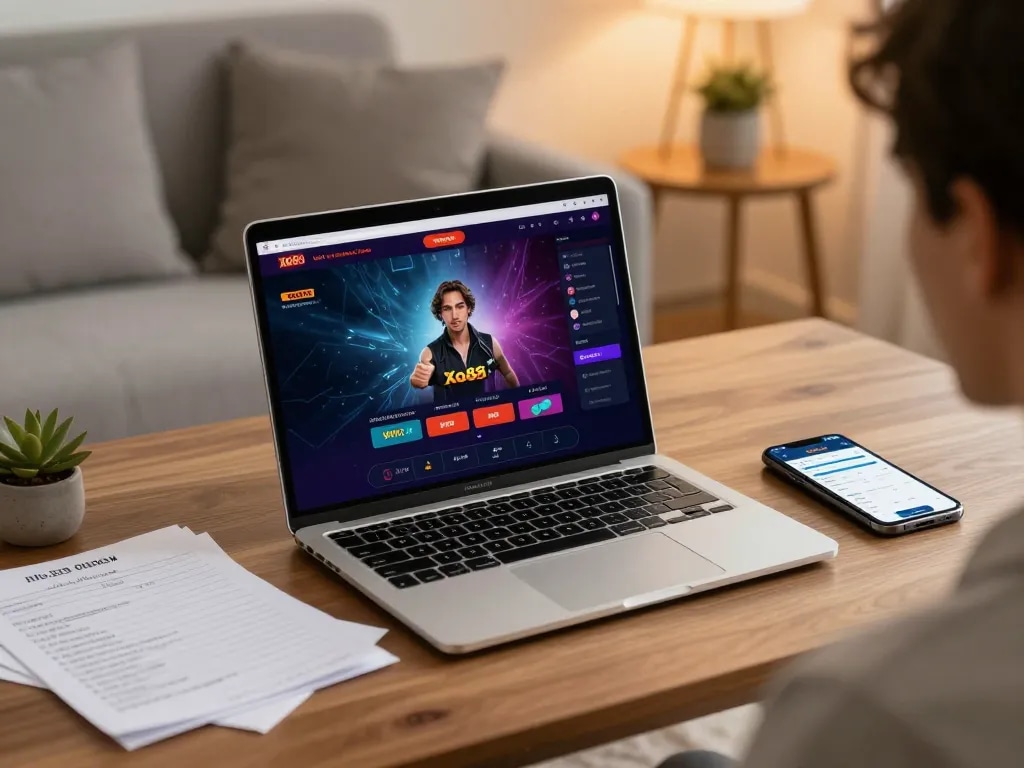 Xo88 user engaging in online casino gameplay with laptop and smartphone at home.