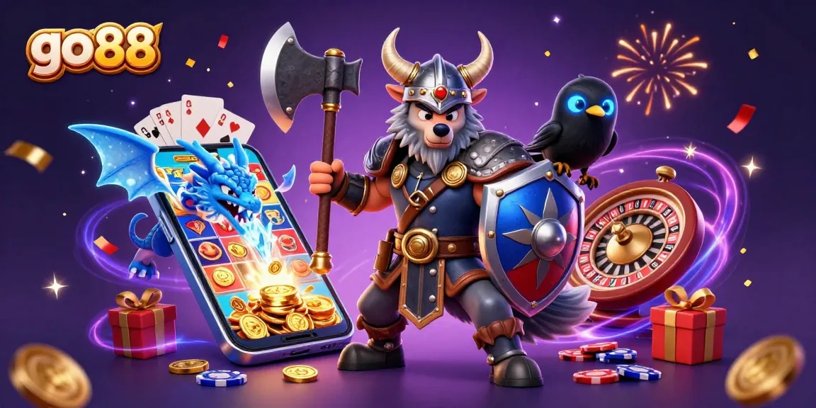 Engage in thrilling gameplay at Go 88 with a Viking wolf warrior and an icy dragon amidst casino treasures.