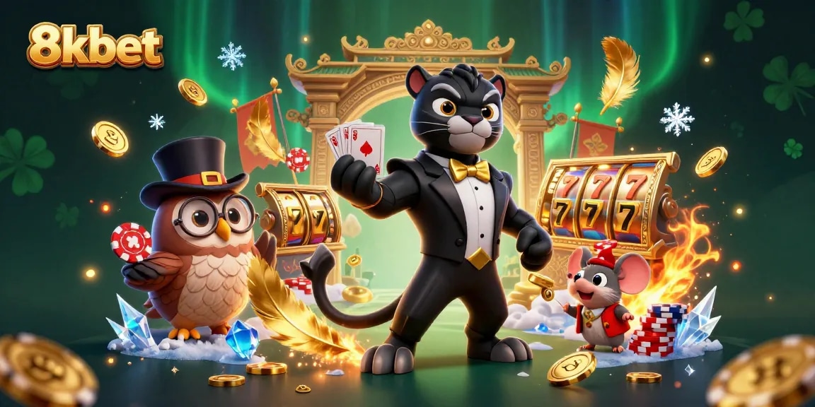 Experience thrilling gameplay with 8xbet, featuring a stylish panther, an owl, and a lucky mouse in a vibrant casino scene.
