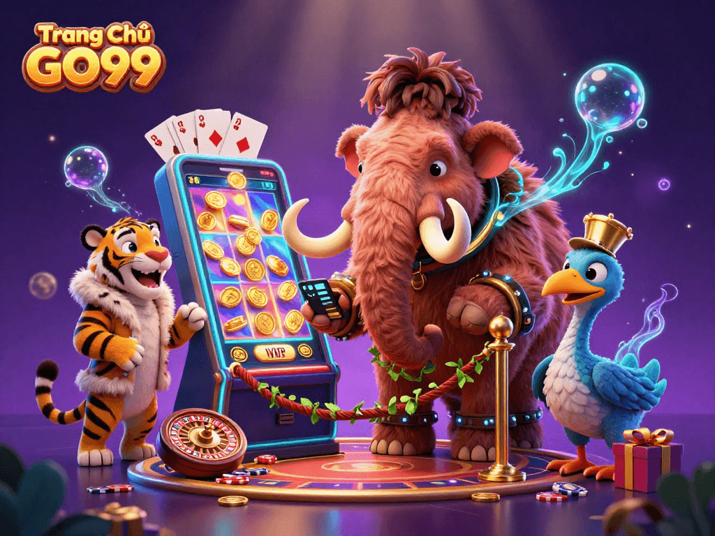 Engage with dynamic gaming action at Trang Chủ GO99 featuring vibrant slot games and colorful casino characters.