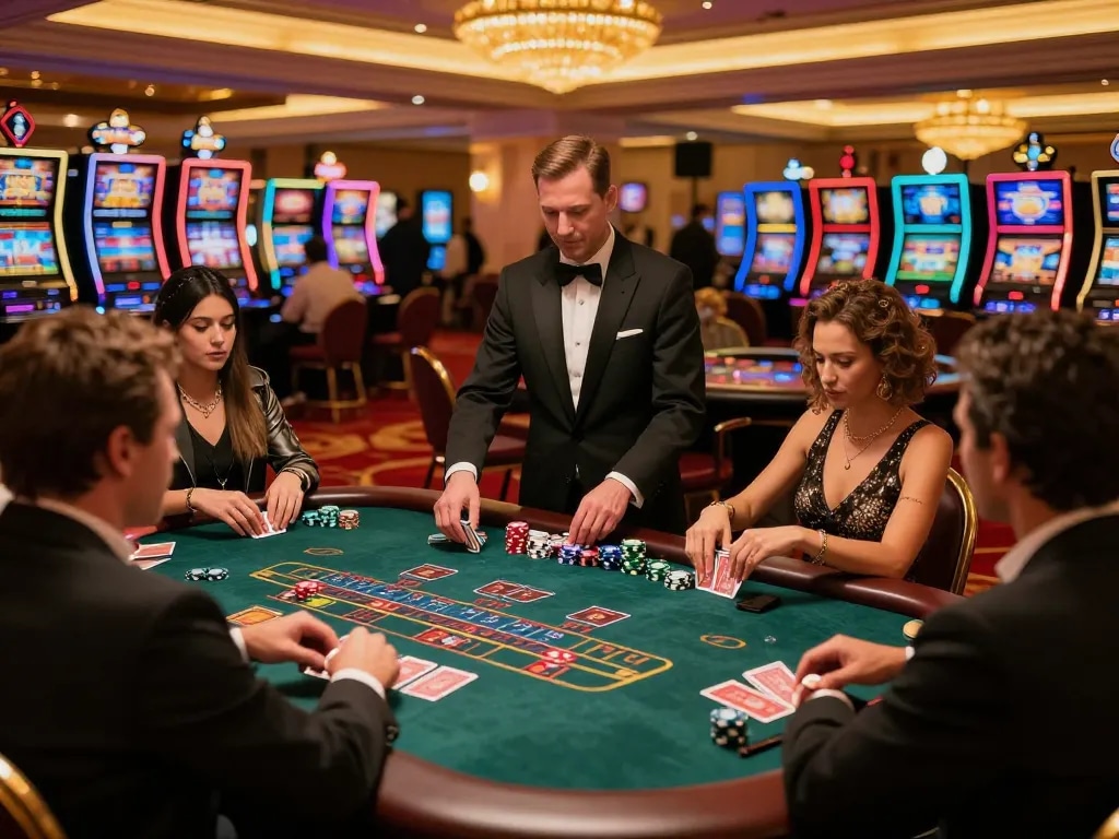 va88 players strategically placing bets at a high-stakes blackjack table in a luxurious casino