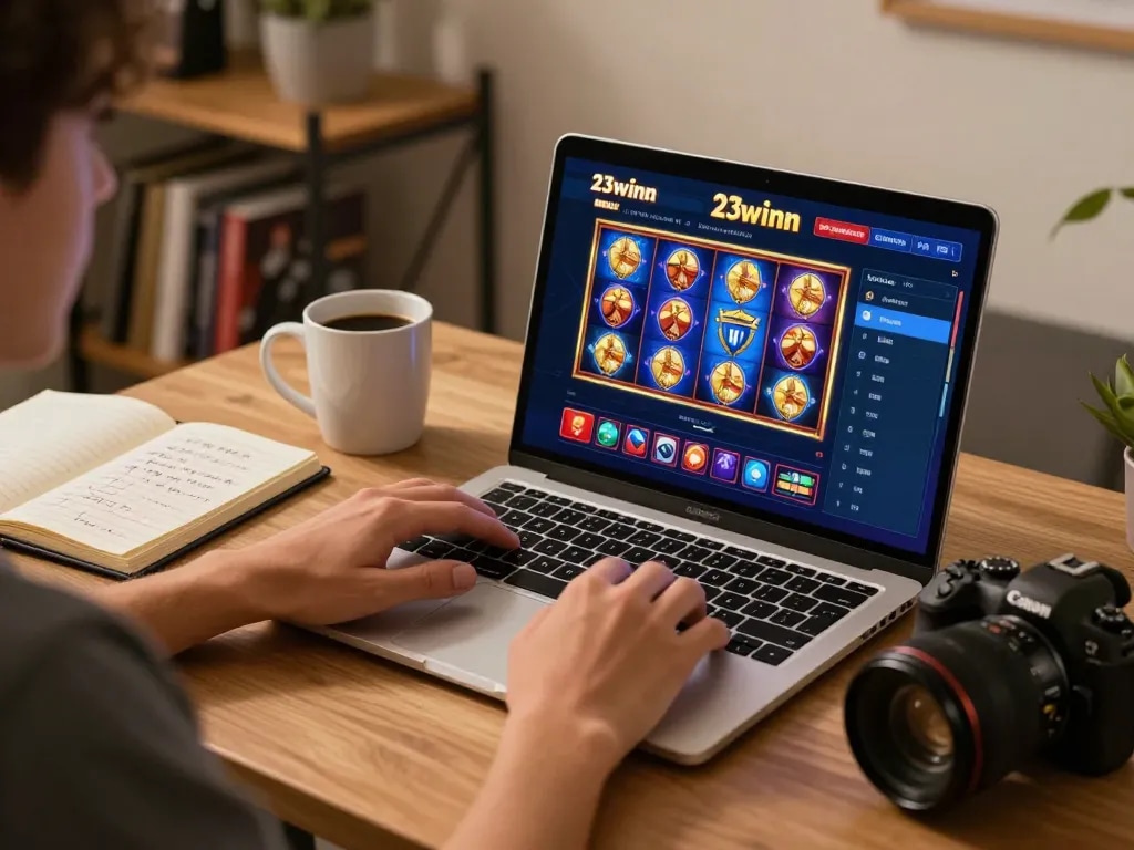 Engaging online gaming experience at 23winn with colorful slots and strategic notes nearby.