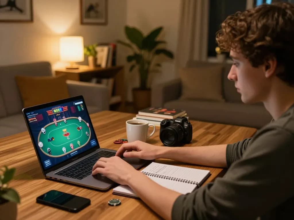 Player focusing on poker strategy with tg887 online gaming setup in cozy home environment