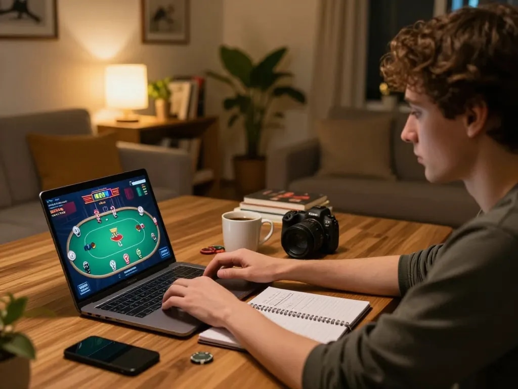 Player focusing on poker strategy with tg887 online gaming setup in cozy home environment