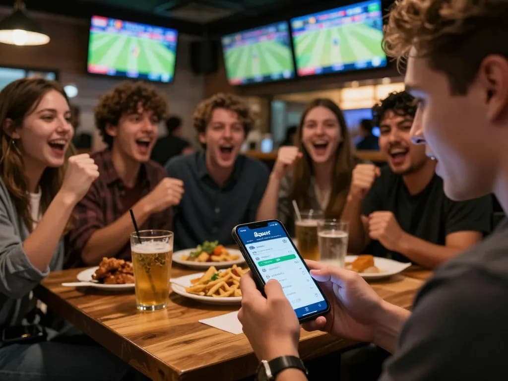 Fans engaging in sports betting using the Bsport app at a lively sports bar.