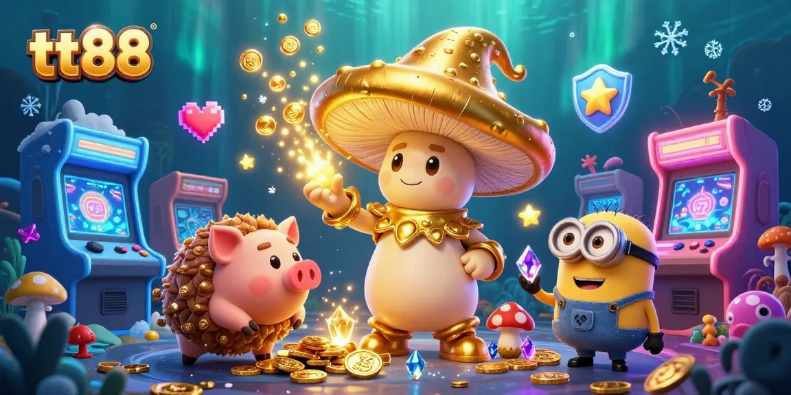 tt88 gaming illustration with golden wizard, treasure-hunting pig, and vibrant casino games.