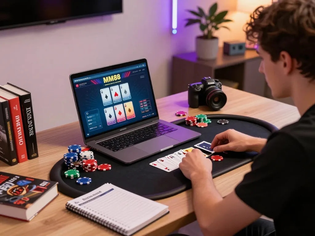 Player engaged in online poker on MM88, showcasing strategy and excitement in a cozy home setting.