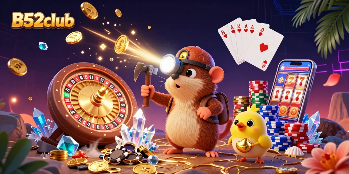 B52club treasure hunter mole explores a cave filled with sparkling gems and coins in a vibrant casino setting.