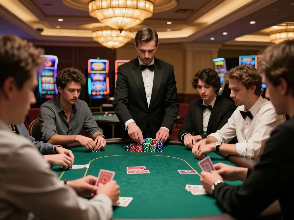 The intense atmosphere of a high-stakes poker game in an upscale casino, showcasing keonhacaivn strategies with players focused on their cards and chips.