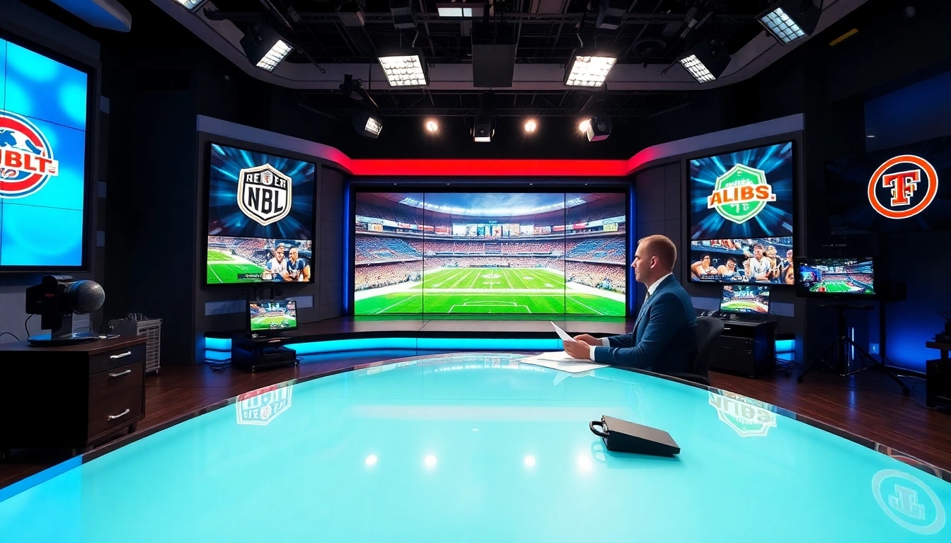 Dynamic sports broadcasting studio featuring anchors and screens displaying live events.