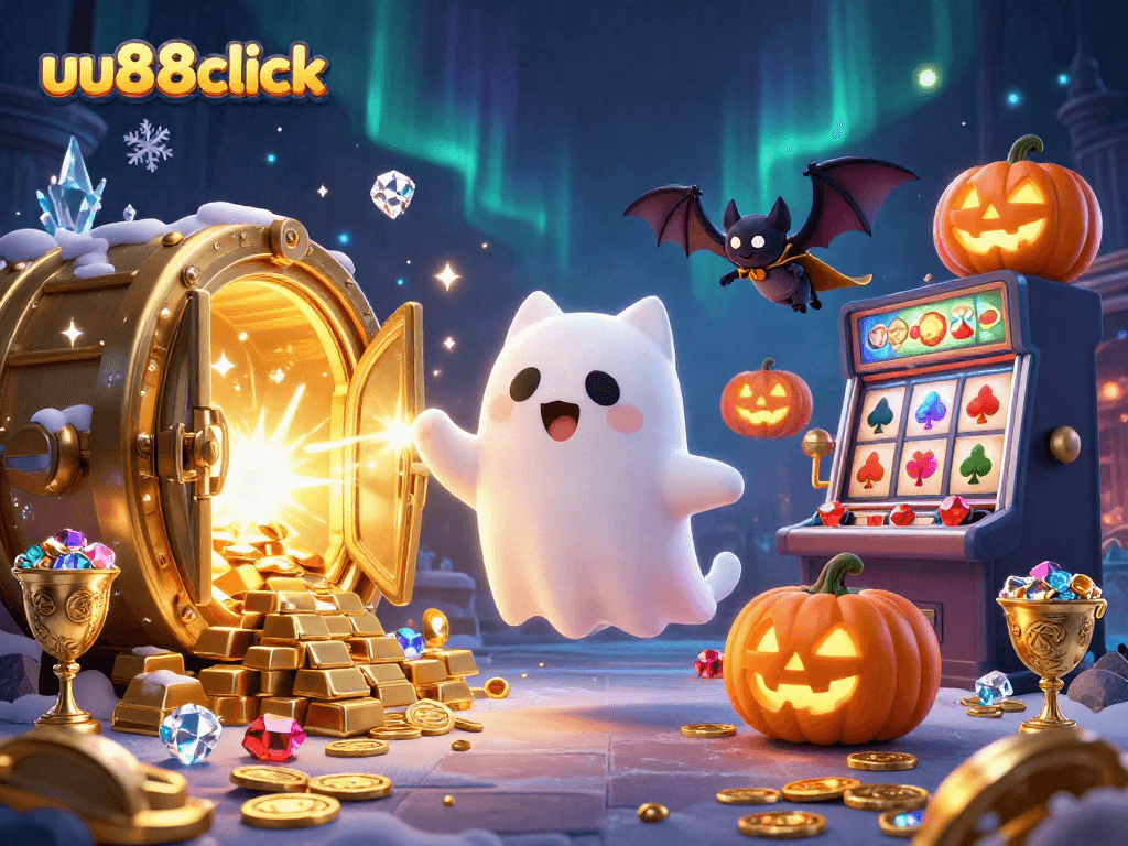 Experience thrilling gaming moments at uu88click with a ghost cat, bat, and casino themes.