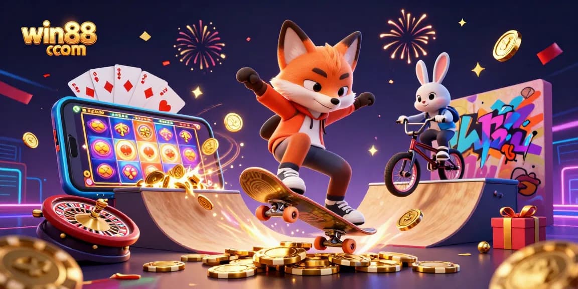 Win88 com promotes exciting gaming adventures featuring a cartoon fox and rabbit amidst casino symbols.