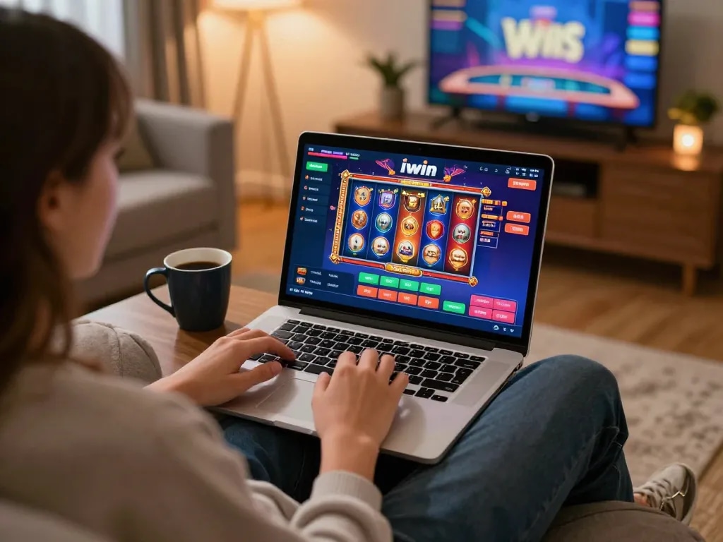 Player enjoying iwin online casino games at home, laptop on desk with engaging gameplay on the screen