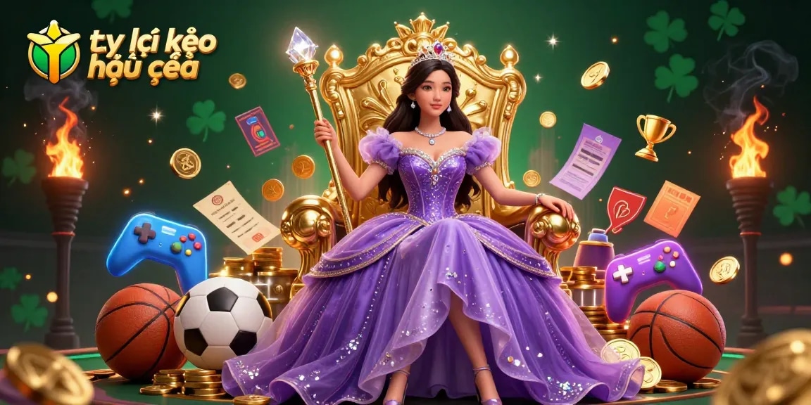 Engage with tỷ lệ kèo nhà cái in this vibrant 3D sports betting illustration featuring a princess with a golden scepter and dynamic gaming elements.
