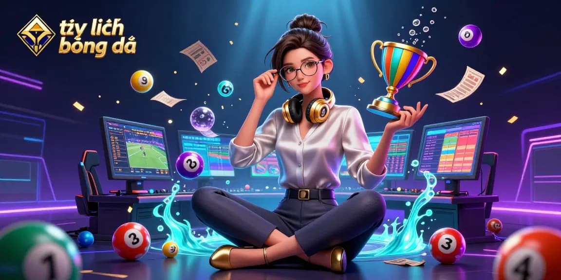 Engage in tỷ lệ bóng đá with a dynamic scene of a professional Asian woman at a sports betting setup.