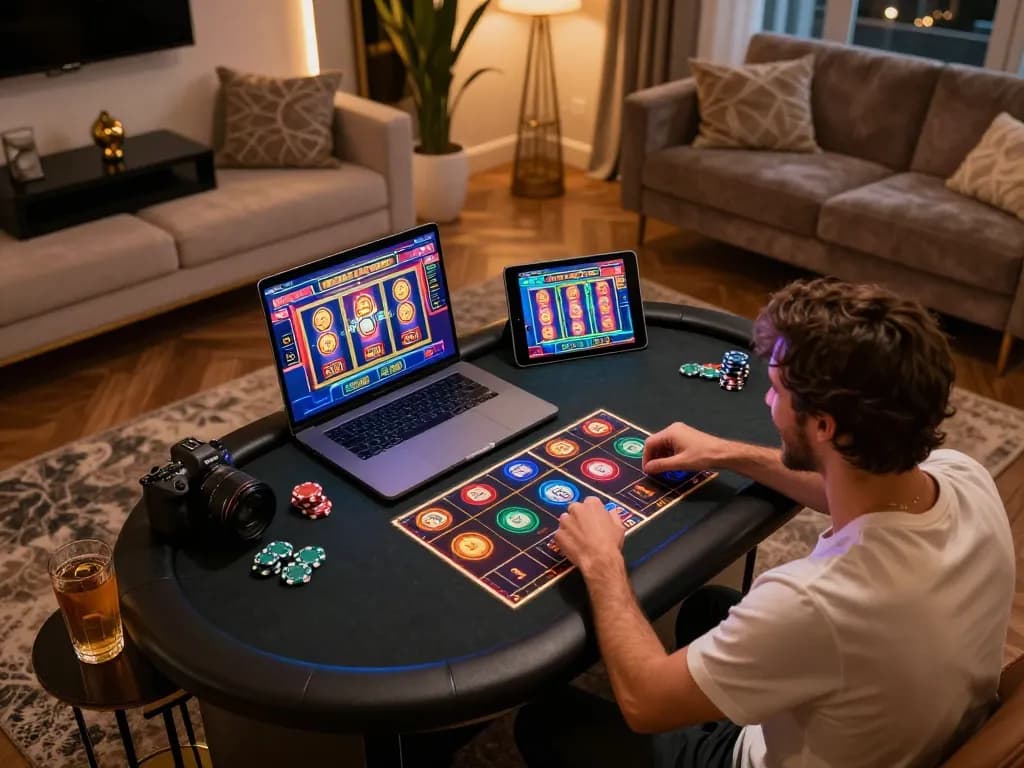 Player engaging with zbett's online casino platform showcasing bright slot machines on tablet.