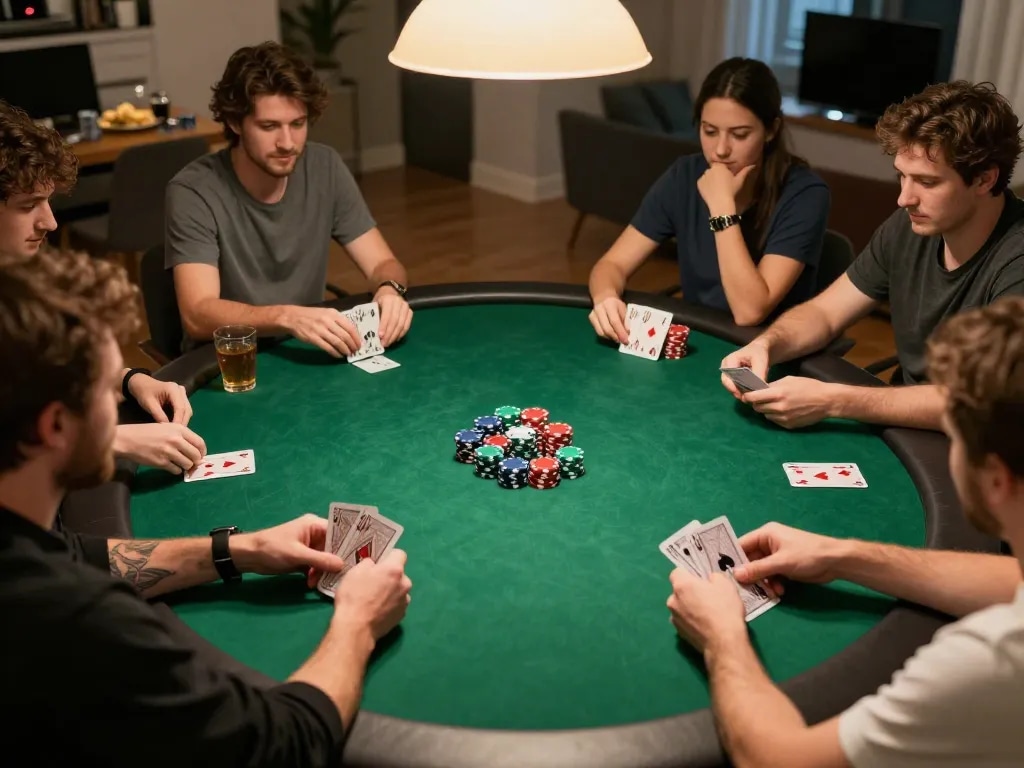 GO88 poker night setup with players engaged, showcasing a lively home gaming environment.