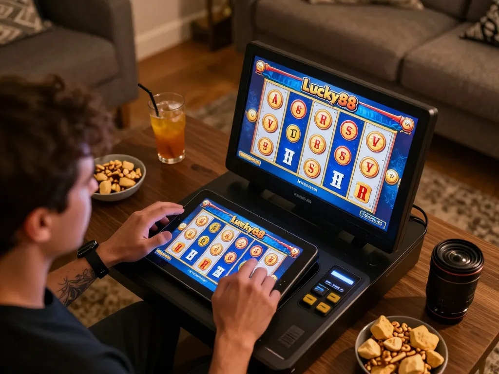 Engaging gameplay experience with Lucky88 slot on tablet, highlighting exciting features in a cozy setting