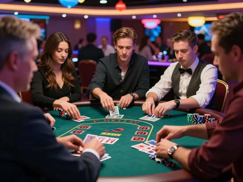 Players at the 88 club blackjack table strategizing their next moves during an exciting game.