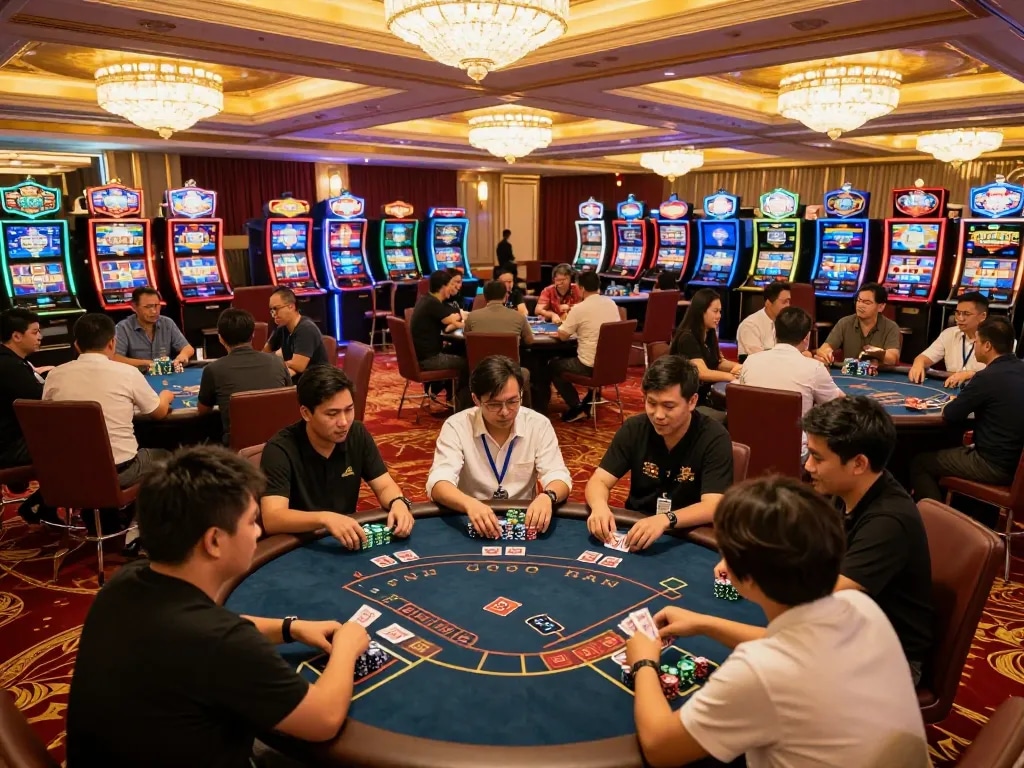 Engaged players at a vibrant nhacaiuytinn casino poker tournament, showcasing energetic gameplay and lively atmosphere.