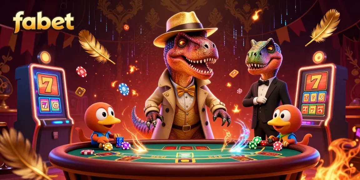 Experience fabet's thrilling blackjack action featuring a velociraptor card counter in a dynamic casino scene.