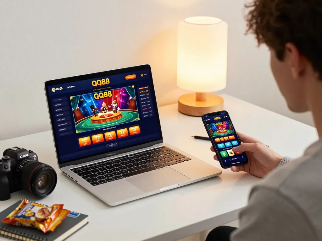 Player enjoying QQ88 online gaming on laptop with vibrant casino graphics and snacks beside them.