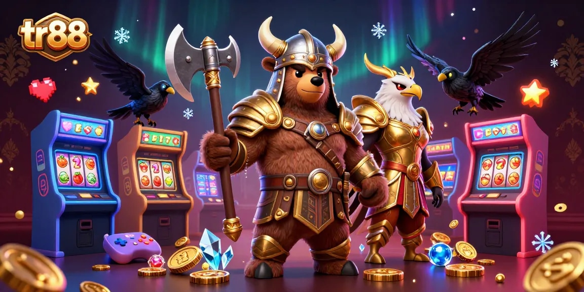 Engage with the vibrant tr88 gaming experience featuring a Viking bear, Valkyrie eagle, and colorful casino elements.