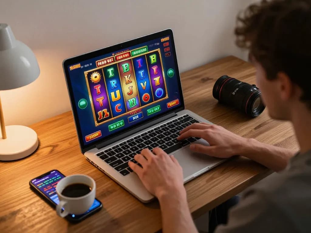 Player enjoying sungaitoto online slots on a laptop, showcasing a colorful gaming interface and relaxed home atmosphere.