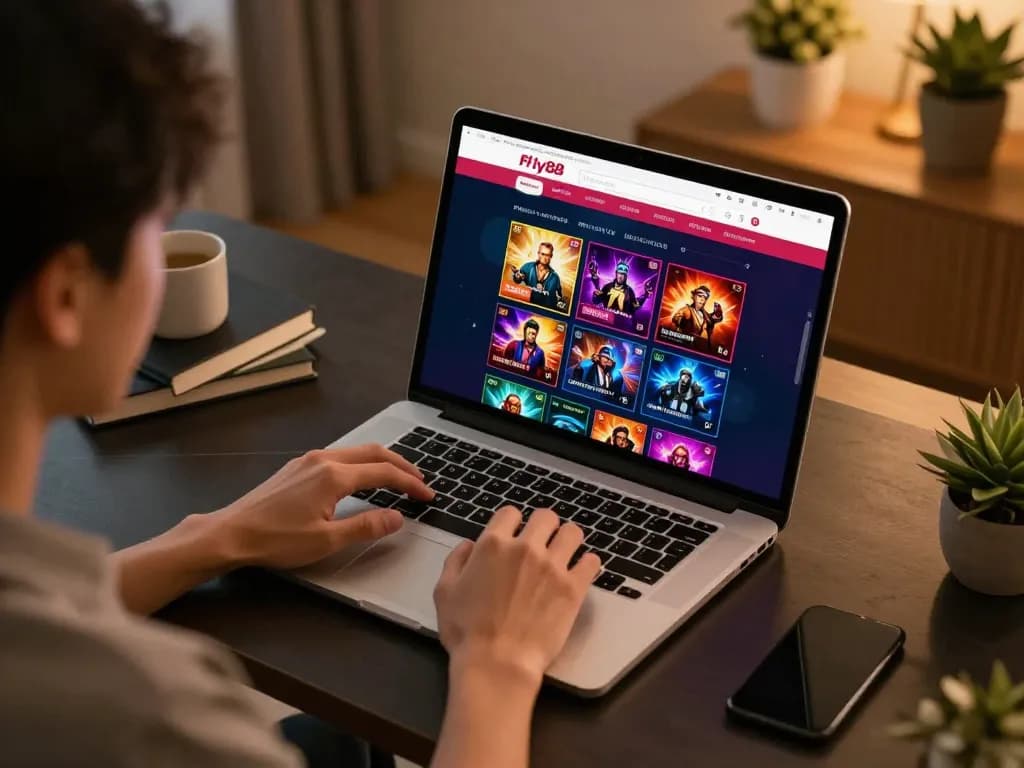 Player engaged in online gaming at fly88, using laptop in a stylish home setting