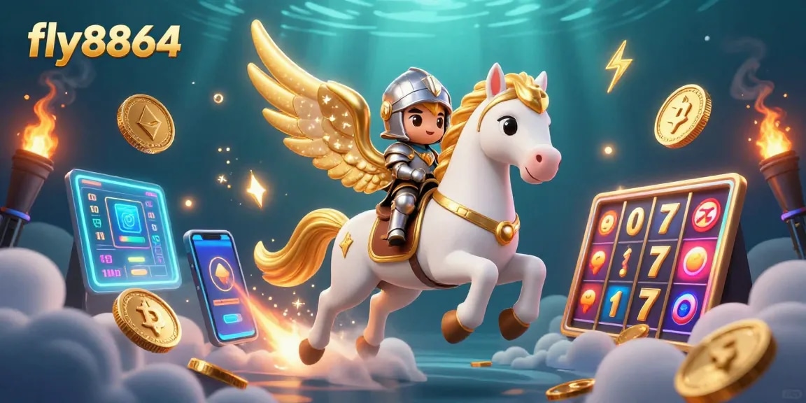 Experience the thrill of fly8864 with a dazzling 3D casino illustration showcasing vibrant games and elements.