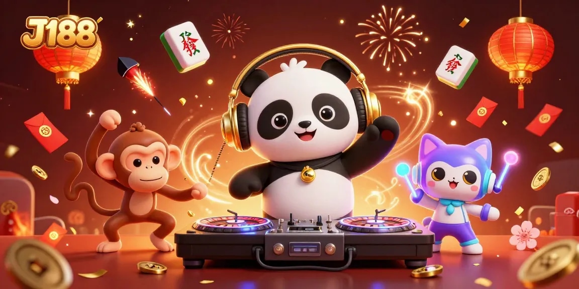 Experience J188's vibrant casino scene with a DJ panda, dancing monkey, and glowing kitten.