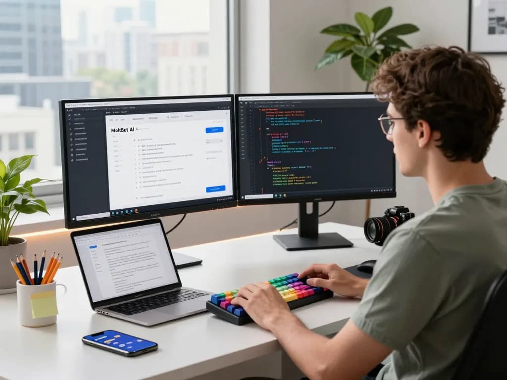 MoltBot AI interface on dual monitors in a modern workspace, showcasing productivity and task automation.