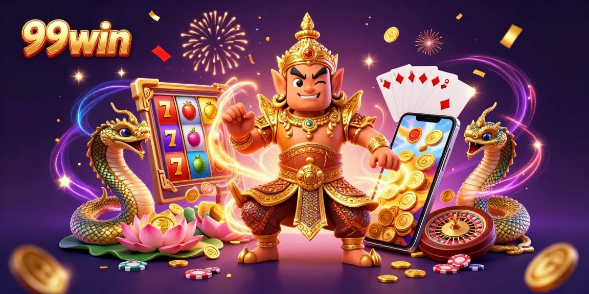 Spin the reels at 99win with a vibrant scene of cartoon characters and casino elements.