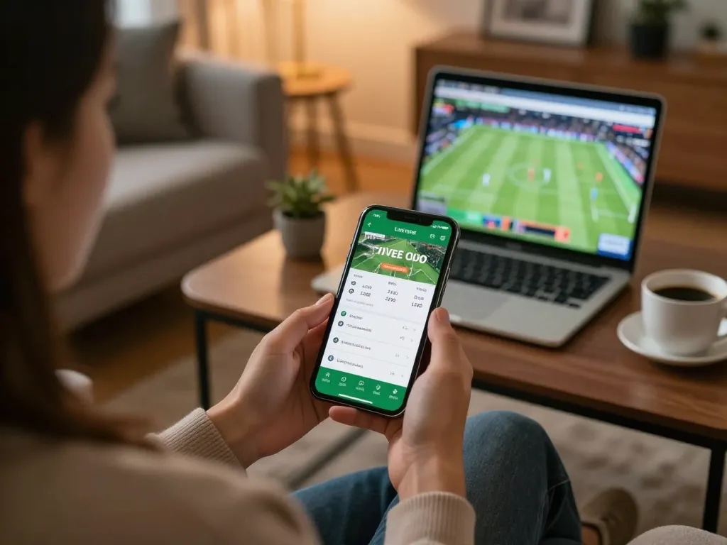 Engaging in sports betting through a mobile app, analyzing live odds for strategic gambling.