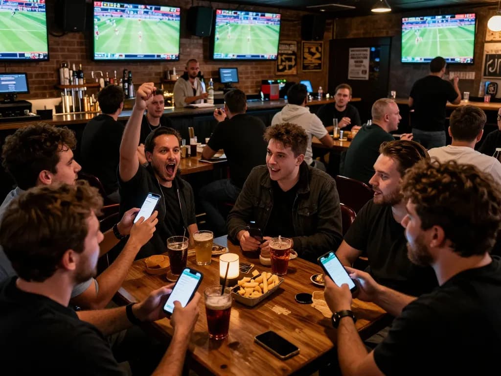 Tỷ lệ kèo nhà cái featured in an exciting sports betting scene with fans using mobile apps to place bets