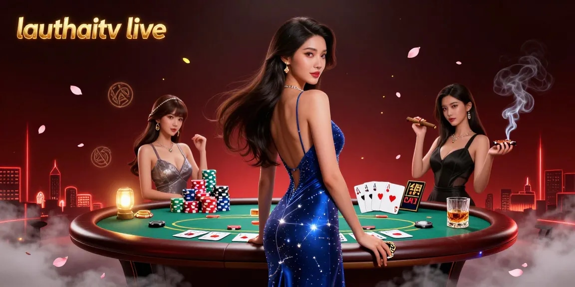 Experience lauthaitv live action with vibrant casino elements and winning poker hands in a rich 3D illustration.