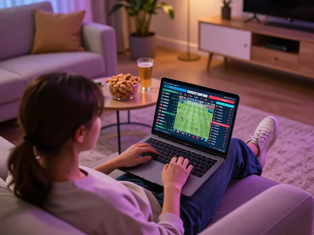Placing bets online at 789win while enjoying a cozy home gaming setup with friends.
