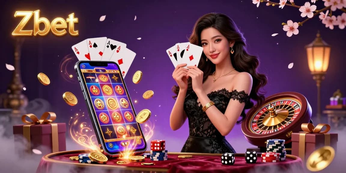 Zbet casino illustration: elegant woman with playing cards in a vibrant, dynamic gaming scene.