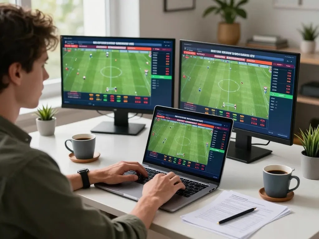 Kèo nhà cái displayed on a laptop during live sports betting session, showcasing expert analysis and strategy.