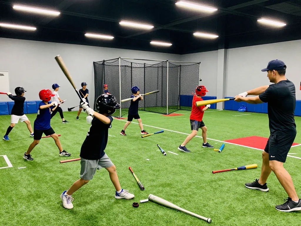 Young athletes engaged in batting practice at hitclub training facility.