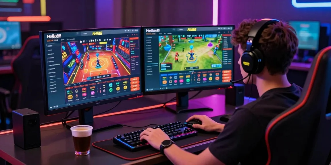 Immersive gaming scene showcasing a player engaging with the đăng nhập HELLO88 interface, complete with dynamic game graphics and a modern gaming desk setup.