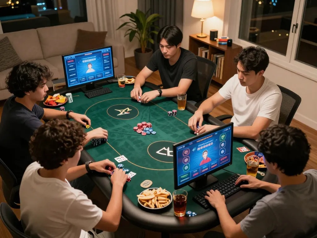 Engaged players at home enjoying an online poker game with 78winvina.