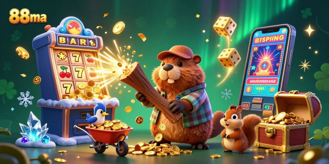 88ma presents a vibrant casino scene with a beaver chopping a tree for golden coins amidst slot machines.