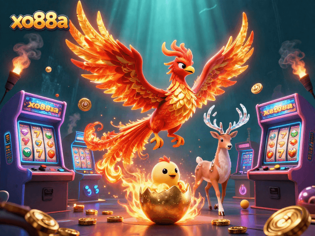 Experience thrilling adventures at xo88a with a vibrant illustration featuring a phoenix soaring above casino games.